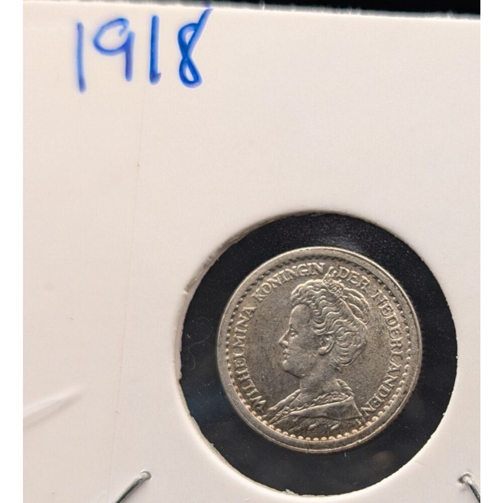 Netherlands 10 Cents 1918 Wilhelmina Silver Coin Estate Find Circulated